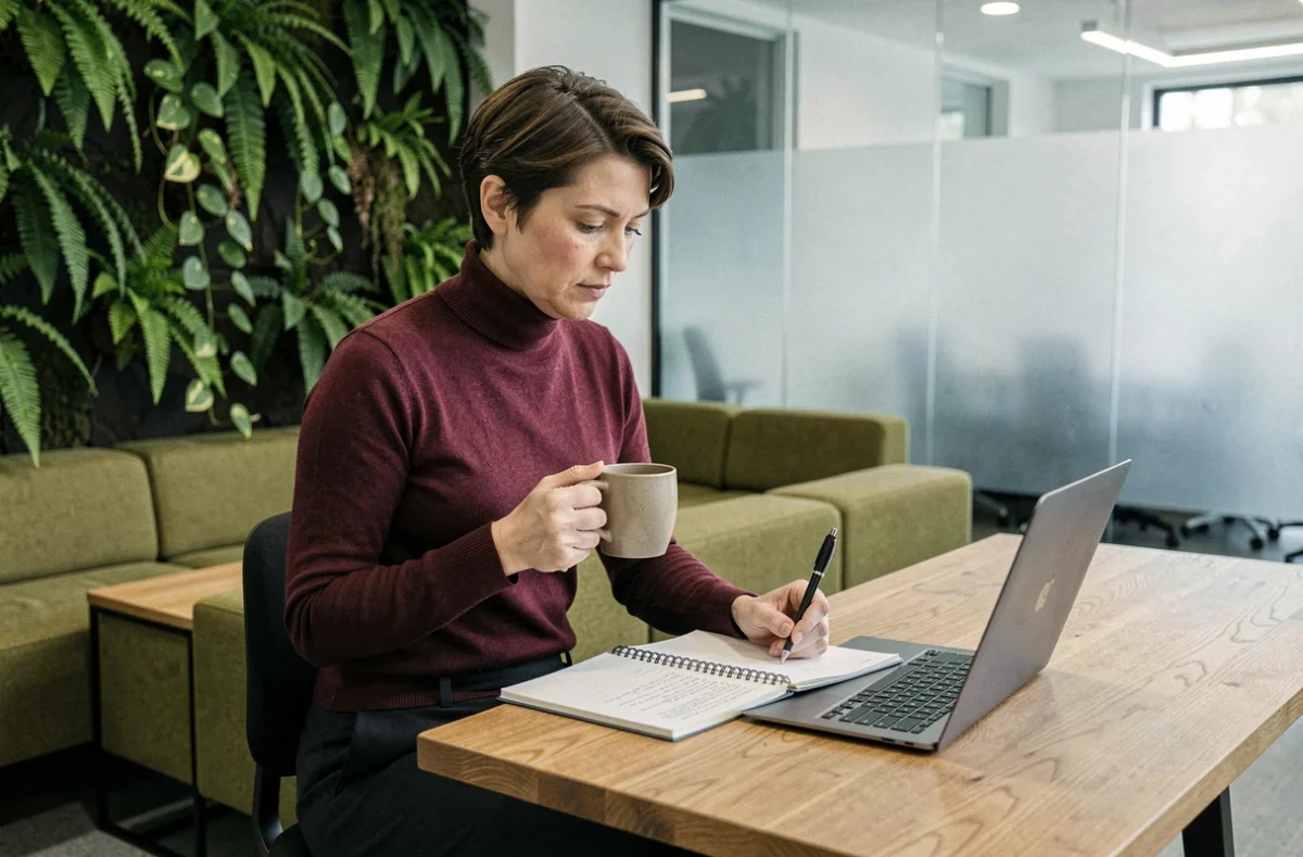 Femme professionnelle travaillant dans un espace de coworking à Massy avec carnet de notes et café