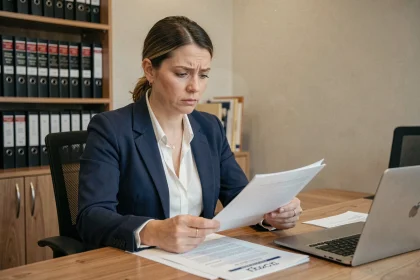 Femme notaire examinant des documents de candidature avec attention dans un bureau juridique moderne