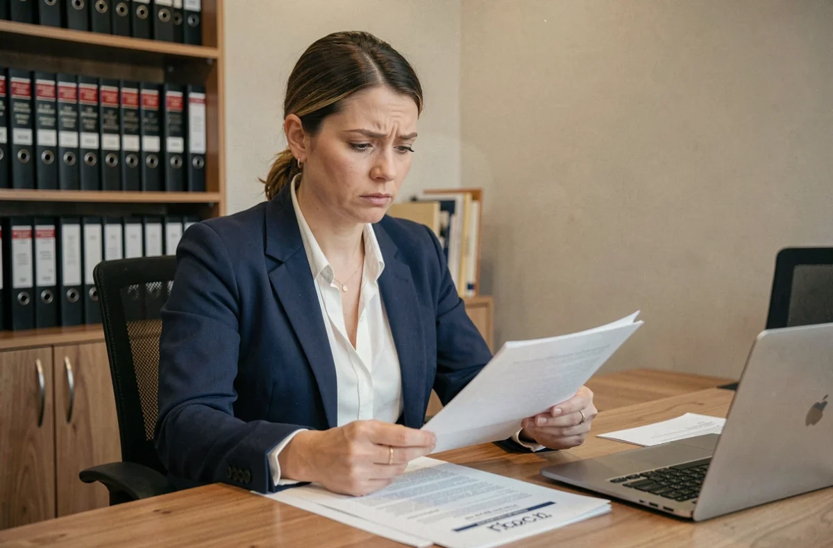 Femme notaire examinant des documents de candidature avec attention dans un bureau juridique moderne