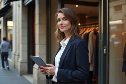 Femme &eacute;l&eacute;gante avec blazer navy devant boutique parisienne