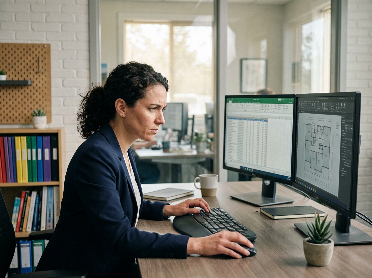 Femme concentrée à son poste de travail ergonomique dans un bureau individuel bien organisé avec double écran
