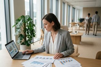 Femme professionnelle analysant des fiches de rémunération et des données salariales sur un bureau moderne avec Salerya