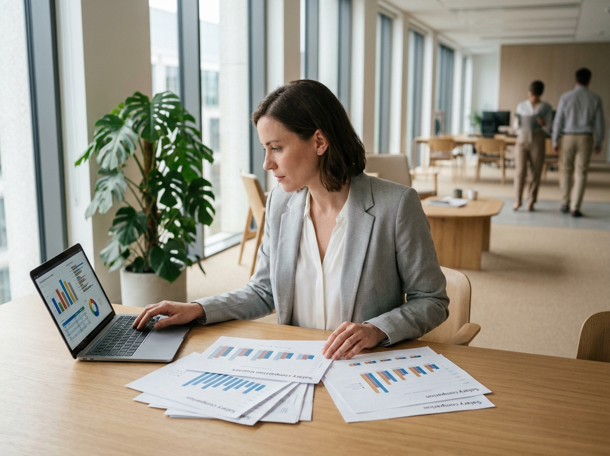 Femme professionnelle analysant des fiches de rémunération et des données salariales sur un bureau moderne avec Salerya