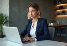 Usage professionnel : définition, caractéristiques et exemples concrets Femme en blazer navy travaillant sur un ordinateur dans un bureau moderne