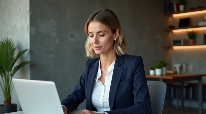Femme en blazer navy travaillant sur un ordinateur dans un bureau moderne