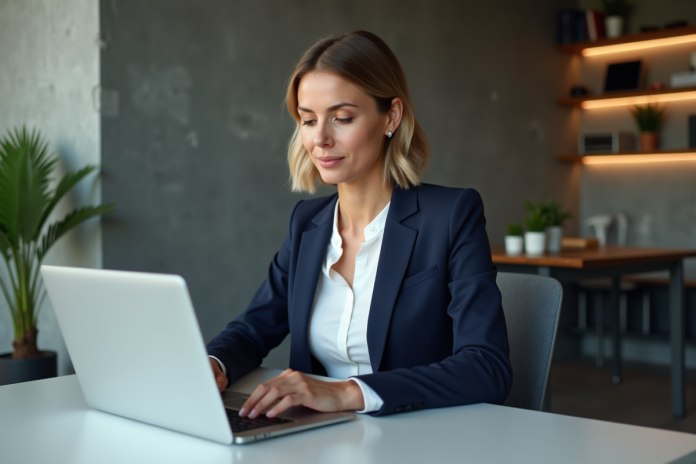 femme-professionnelle-bureau Femme en blazer navy travaillant sur un ordinateur dans un bureau moderne