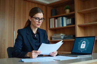 Femme professionnelle consultant des documents officiels sur un bureau moderne avec interface de coffre numérique sécurisé en arrière-plan