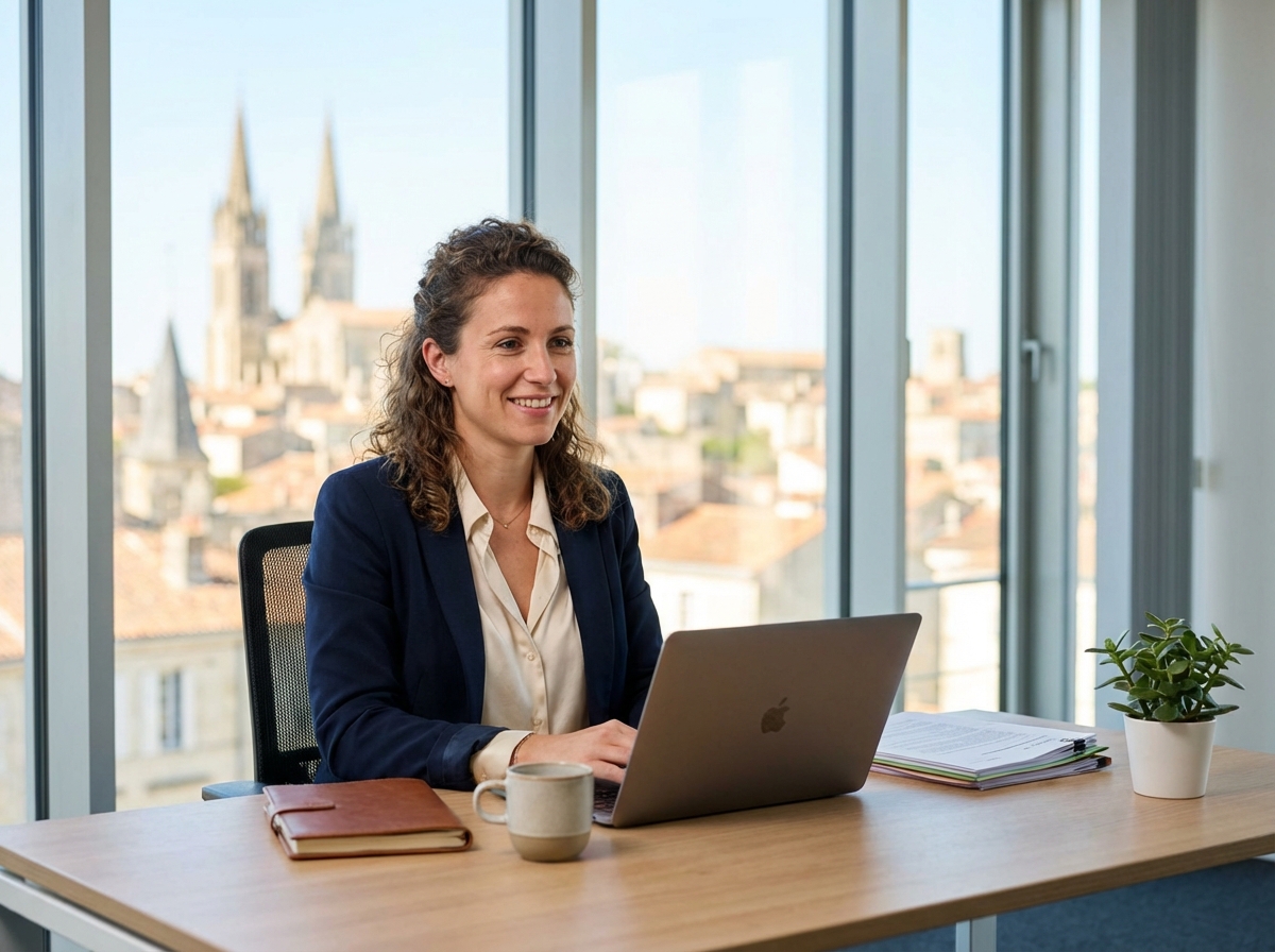 Femme souriante en bureau avec vue sur Niort