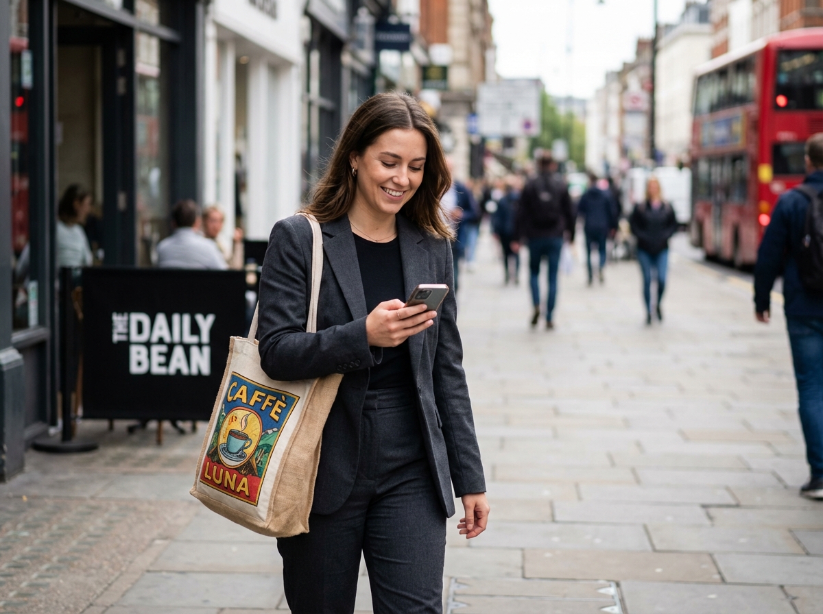 Jeune femme professionnelle sortant d'un café urbain avec sac coloré