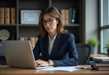 Femme en costume navy travaillant sur un ordinateur dans un bureau moderne