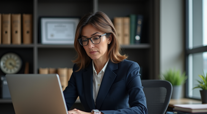Femme en costume navy travaillant sur un ordinateur dans un bureau moderne