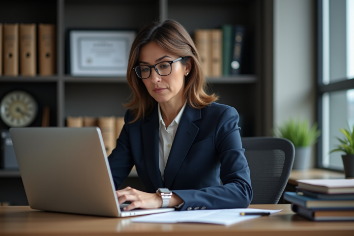 Femme en costume navy travaillant sur un ordinateur dans un bureau moderne