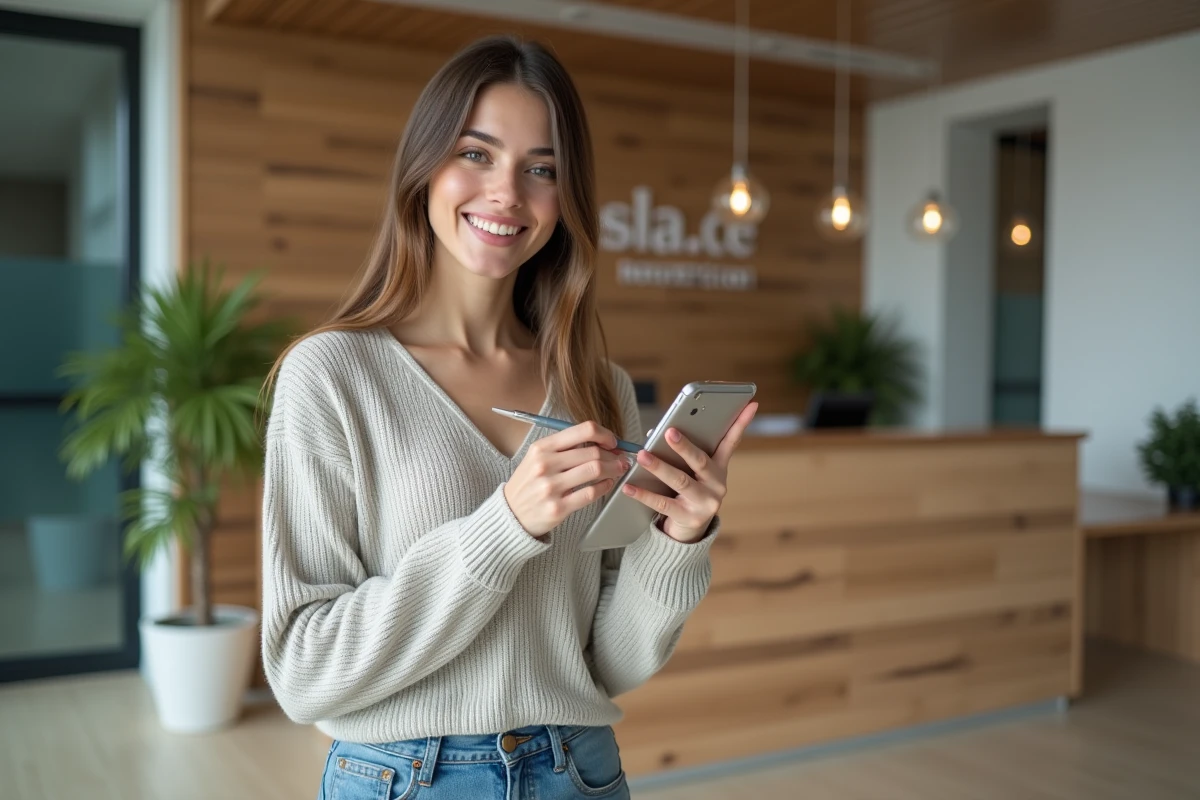 Jeune femme en r&eacute;ception tenant un t&eacute;l&eacute;phone et un bloc-notes