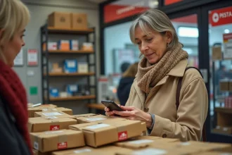 Femme recherchant un colis dans un point postal lyonnais