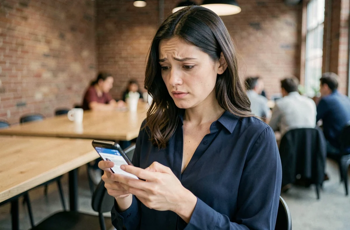 Femme consultant une nouvelle adresse de site web sur son smartphone dans un espace de co-working moderne