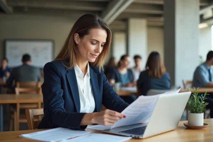 Femme professionnelle en reconversion métier comparant un cabinet de conseil classique et une plateforme d'accompagnement en ligne dans un espace de coworking moderne