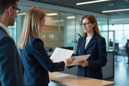 Femme d'âge moyen remettant un dossier à un agent administratif