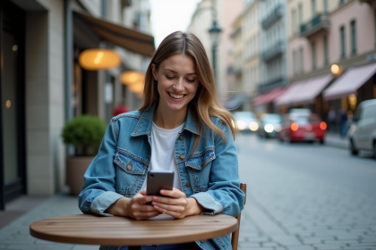 Femme souriante utilisant son smartphone dans un caf&eacute; urbain