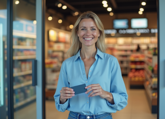 Nom du programme Carrefour Belgium : Découvrez le nom du programme et ses avantages Femme souriante avec carte de fidelite devant un supermarche