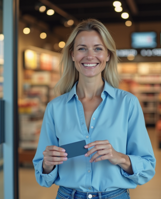 Femme souriante avec carte de fidelite devant un supermarche