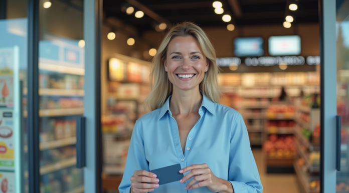 Femme souriante avec carte de fidelite devant un supermarche