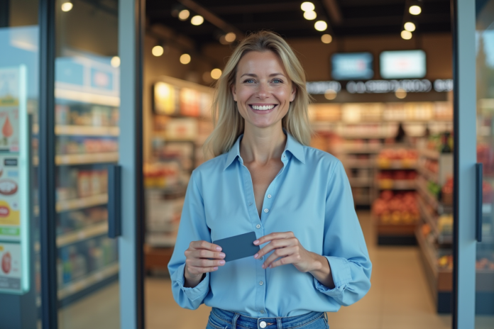 Femme souriante avec carte de fidelite devant un supermarche