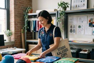 Femme souriante dans un studio créatif avec vêtements brandes