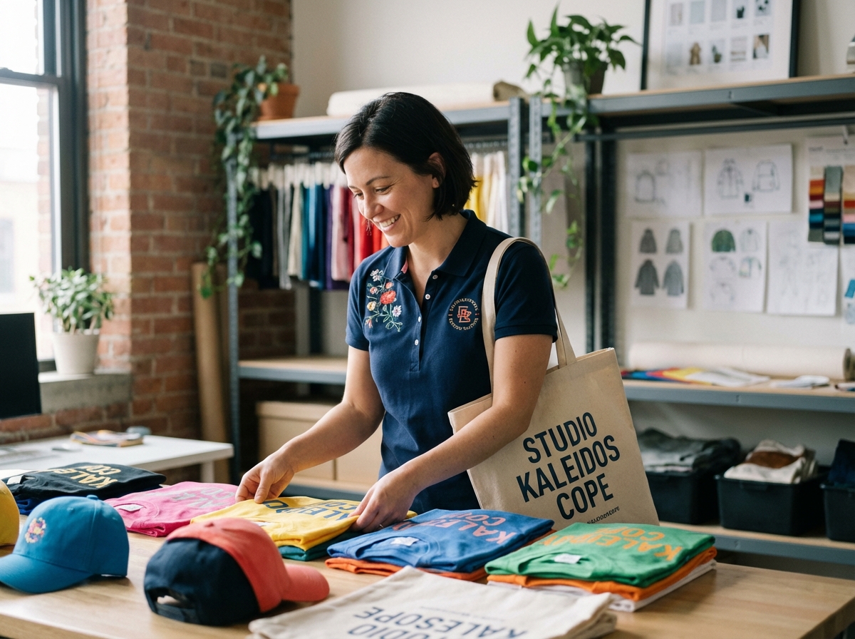 Femme souriante dans un studio créatif avec vêtements brandes