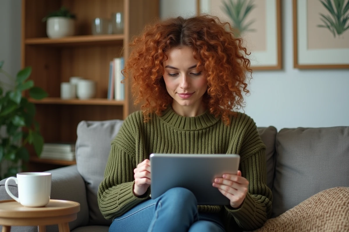 Femme en télétravail utilisant un outil en ligne pour créer son business model depuis son domicile
