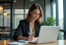 Femme concentrée travaillant sur son ordinateur dans un bureau moderne