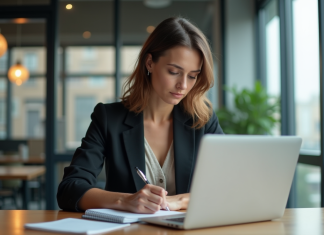 Marketing digital : éléments essentiels à connaître en détail Femme concentrée travaillant sur son ordinateur dans un bureau moderne