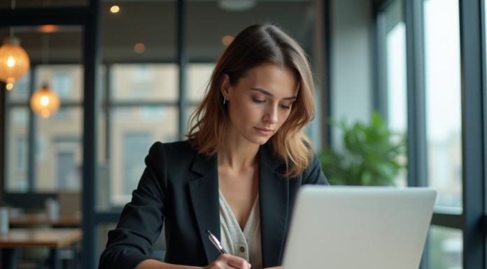 Femme concentrée travaillant sur son ordinateur dans un bureau moderne