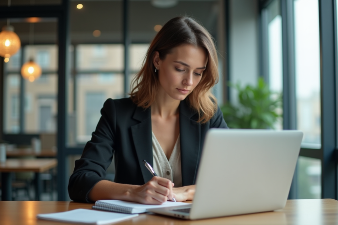 femme-travail-bureau-modern Femme concentrée travaillant sur son ordinateur dans un bureau moderne