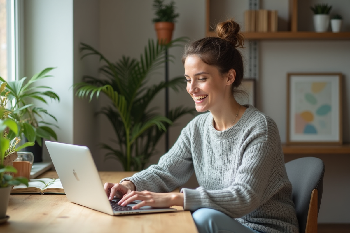Jeune femme travaillant à son ordinateur à la maison