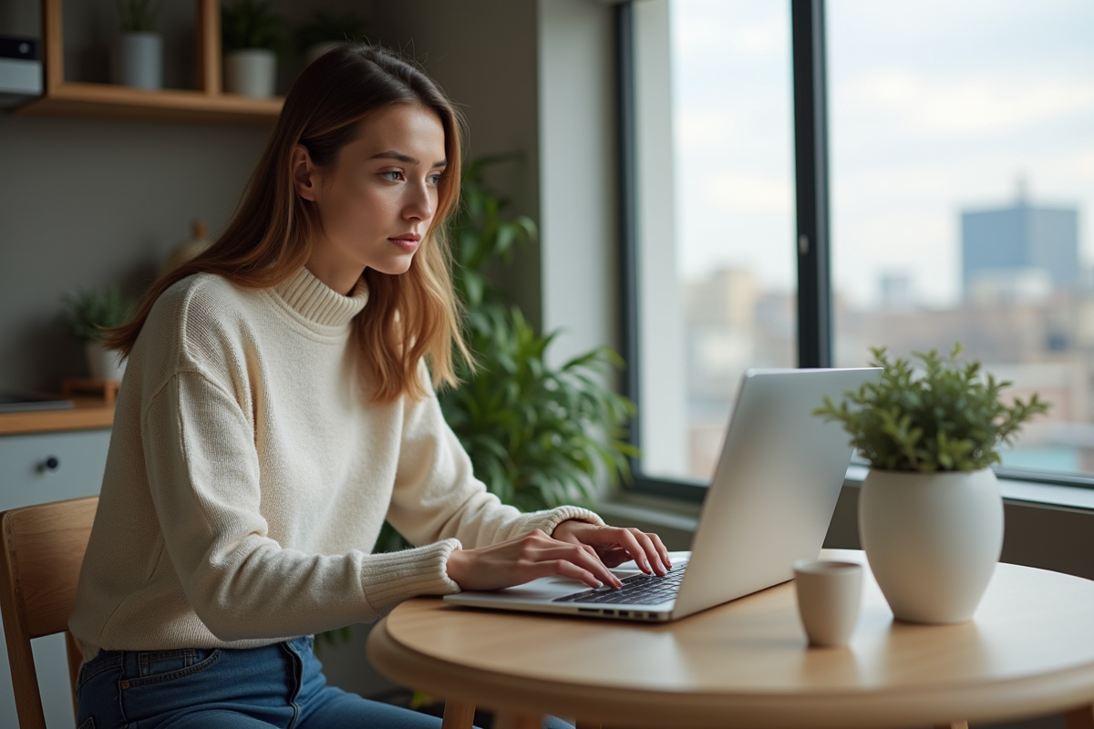 Jeune femme au travail sur un ordinateur dans un appartement urbain
