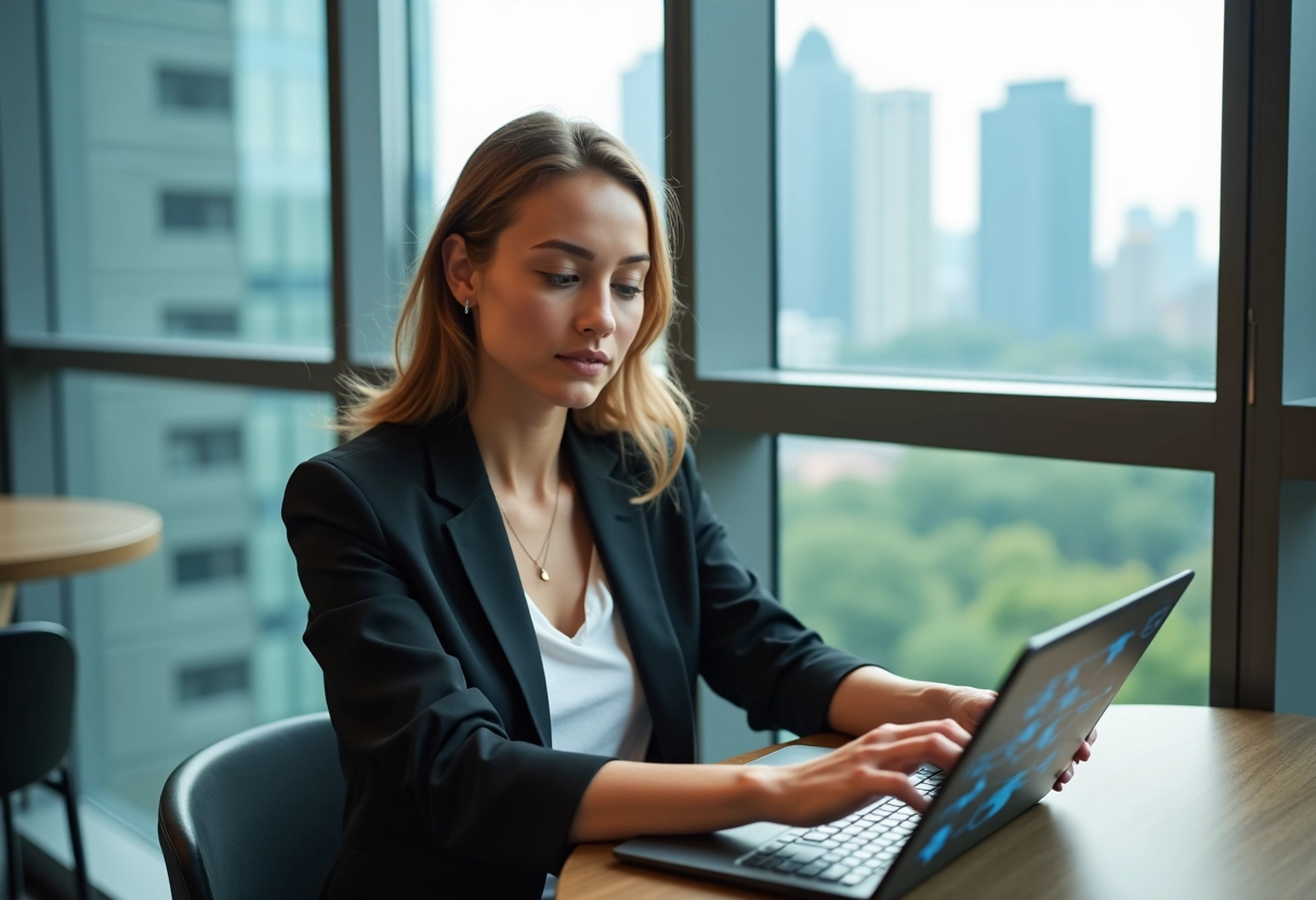 Jeune femme avec tablette dans un lounge urbain en rooftop