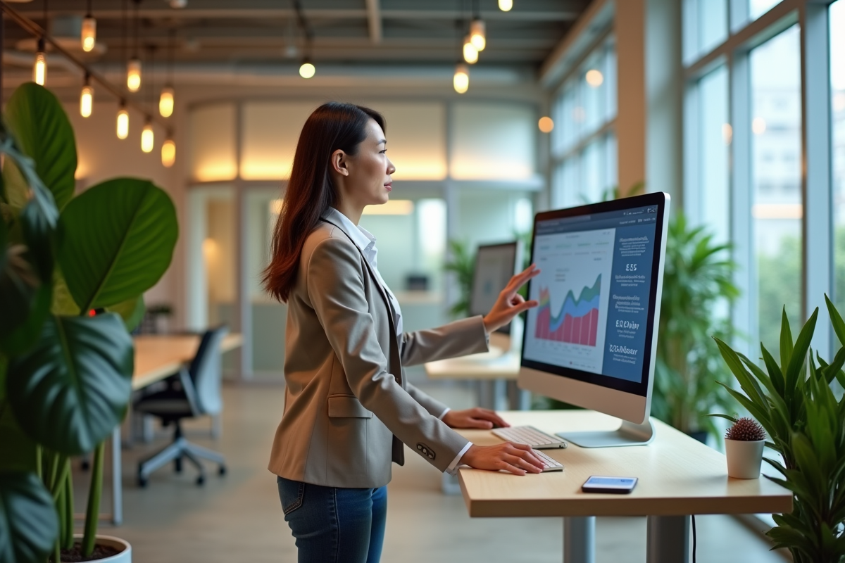 Femme concentrée utilisant un écran tactile dans un espace de coworking