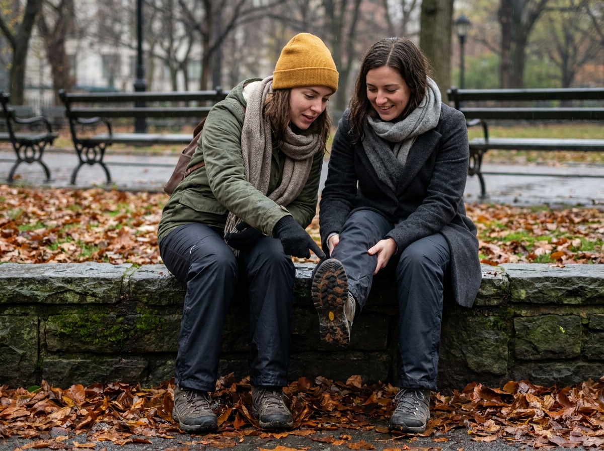 Deux femmes comparant leurs chaussures de marche imperméables assises sur un muret dans un parc urbain pluvieux