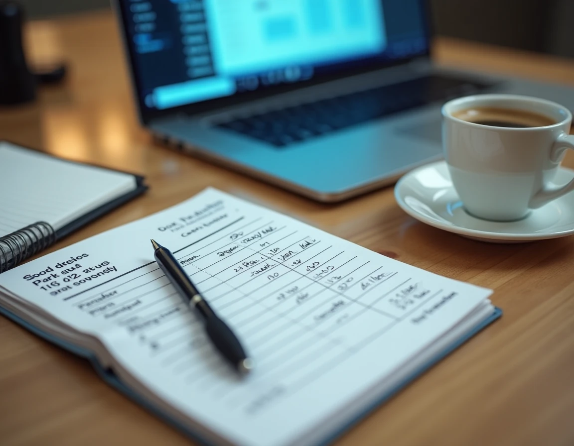 Vue aérienne d'un bureau avec fiche de paie, ordinateur portable affichant un tableur de calcul salarial et notes manuscrites sur la valeur du point convention 51