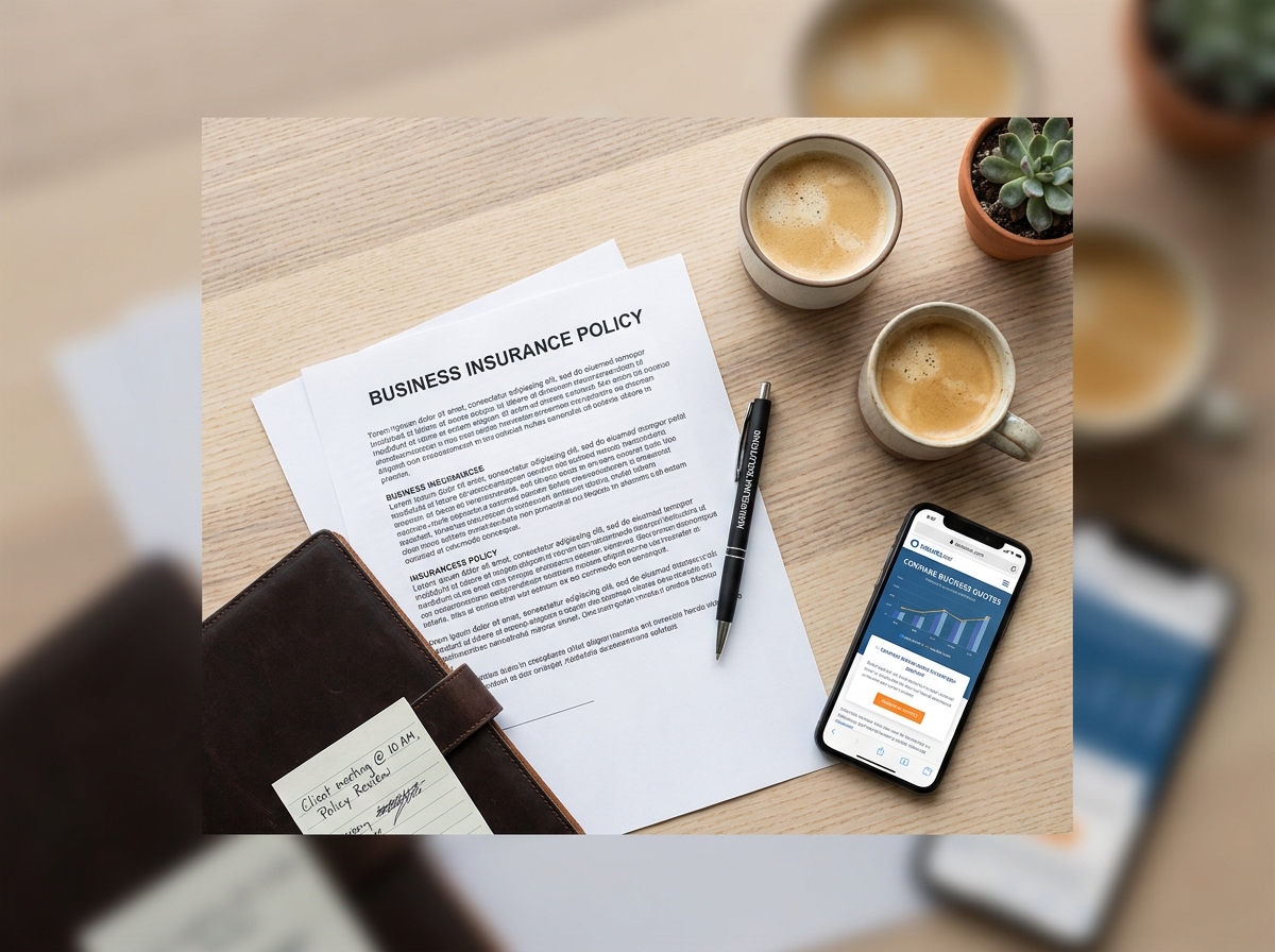 Vue aérienne d'un bureau avec des documents d'assurance professionnelle, smartphone et accessoires de travail