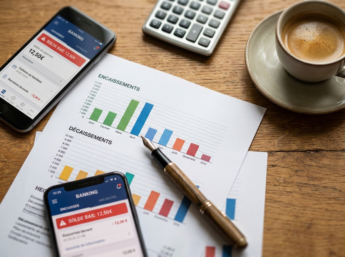 Vue aérienne d'un tableau de trésorerie imprimé avec graphiques et alerte de découvert sur smartphone sur un bureau en bois