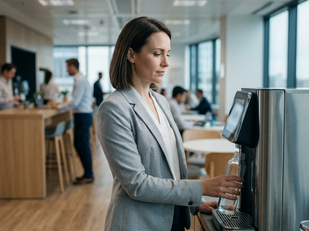 Femme en entreprise utilisant une fontaine à eau moderne dans une salle de pause professionnelle
