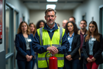 Formateur en uniforme montrant l'usage d'extincteur en formation sécurité