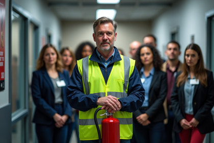 Formateur en uniforme montrant l'usage d'extincteur en formation sécurité