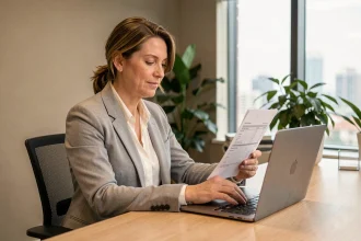 Femme professionnelle rédigeant une relance de facture par email avec une formule de politesse appropriée dans un bureau moderne