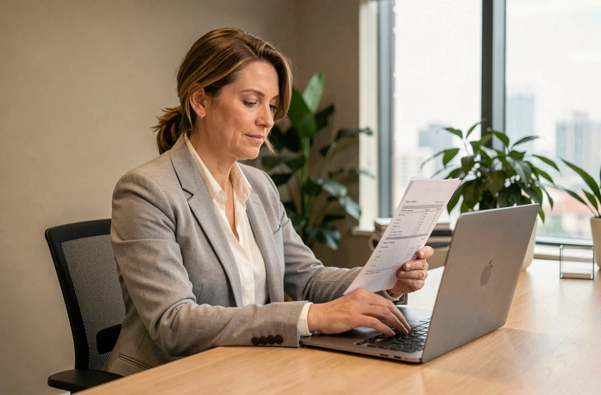 Femme professionnelle rédigeant une relance de facture par email avec une formule de politesse appropriée dans un bureau moderne
