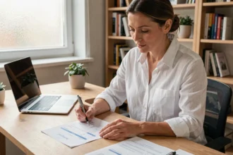 Freelance administrative vérifiant et signant une facture dans un bureau à domicile moderne
