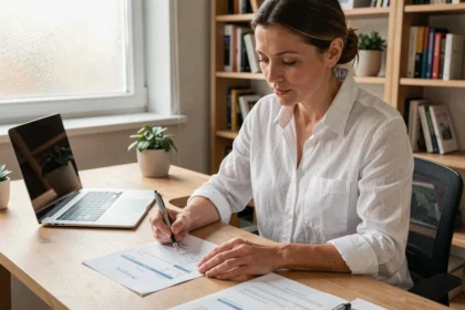 Freelance administrative vérifiant et signant une facture dans un bureau à domicile moderne