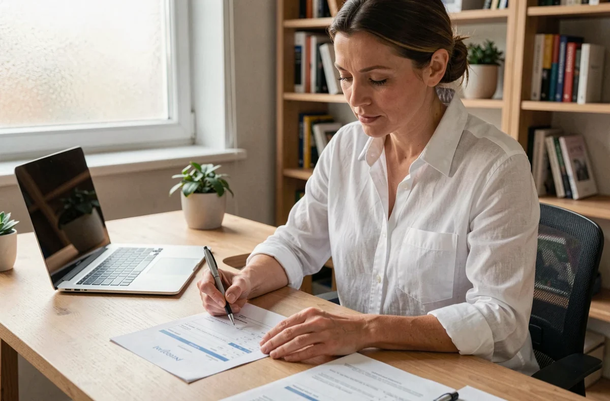 Freelance administrative vérifiant et signant une facture dans un bureau à domicile moderne