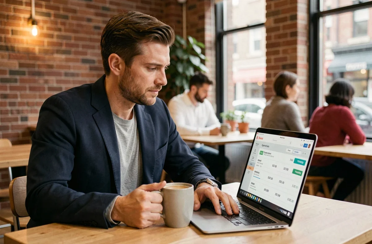 Freelance masculin consultant un tableau de bord de paiements en ligne dans un espace de co-working